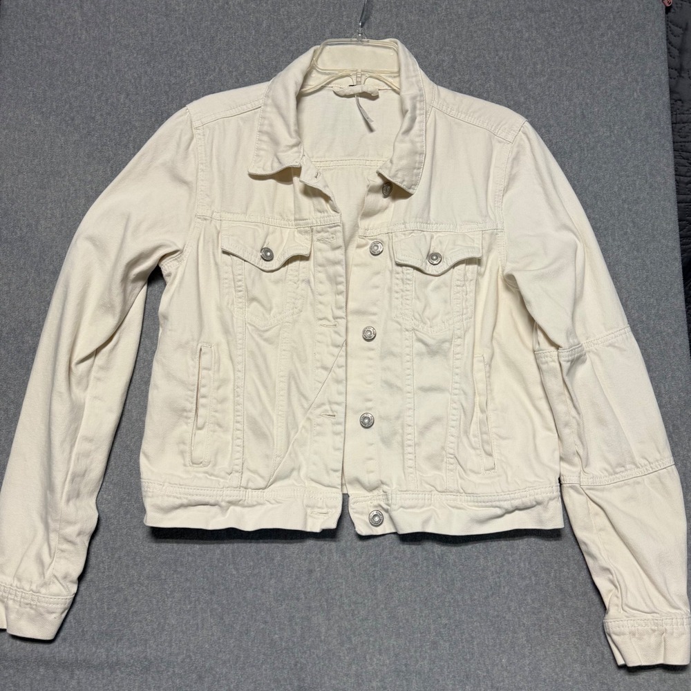 Free People Womens Cream Denim Trucker Jacket Off White Cotton Size Small - Picture 2 of 15